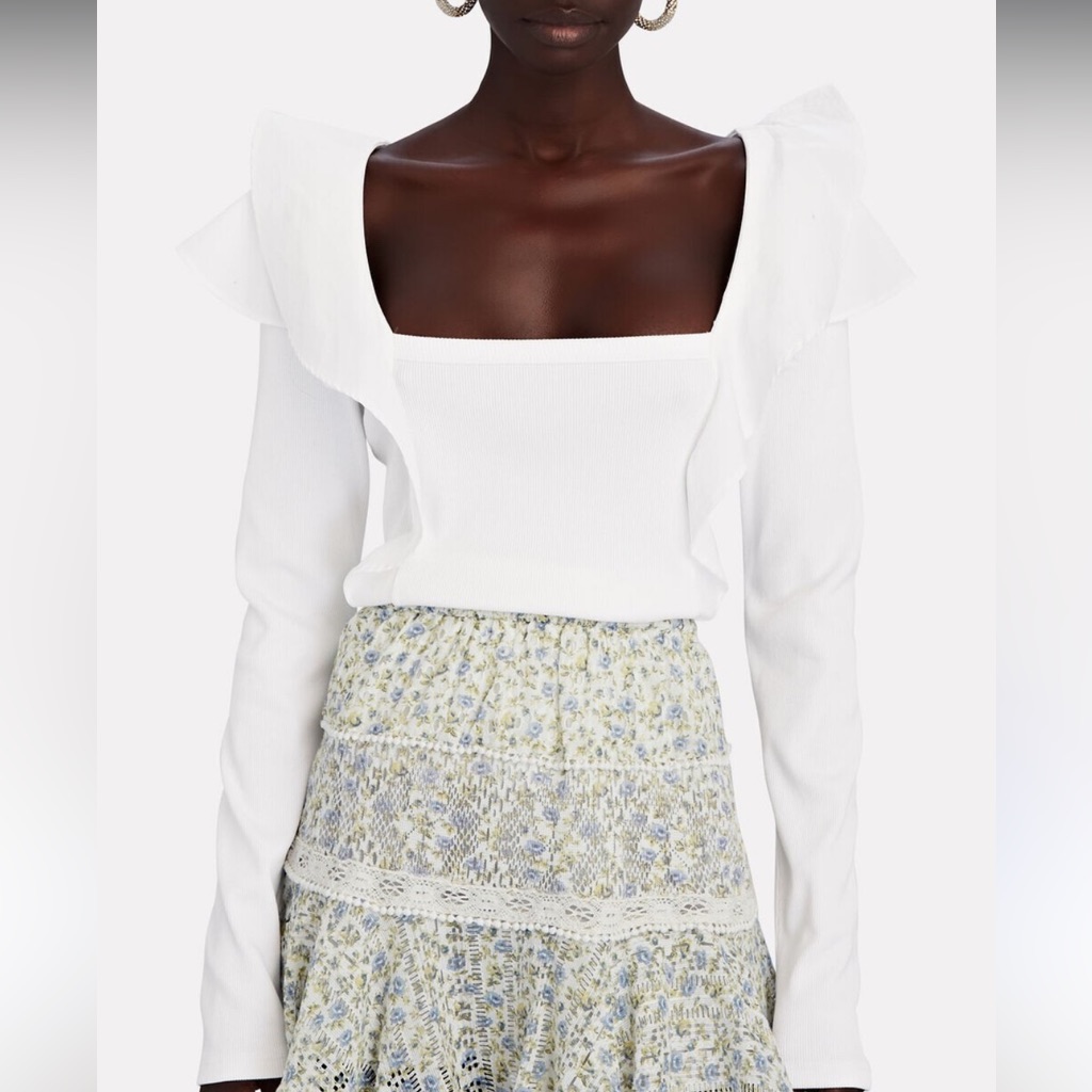 Veronica Beard Size M Gidea Ruffled Ribbed Stretch Pima Cotton Jersey Top White